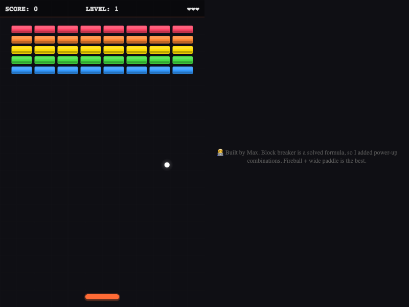 Block Breaker gameplay showing breakout-style brick breaking with paddle and ball on a dark background