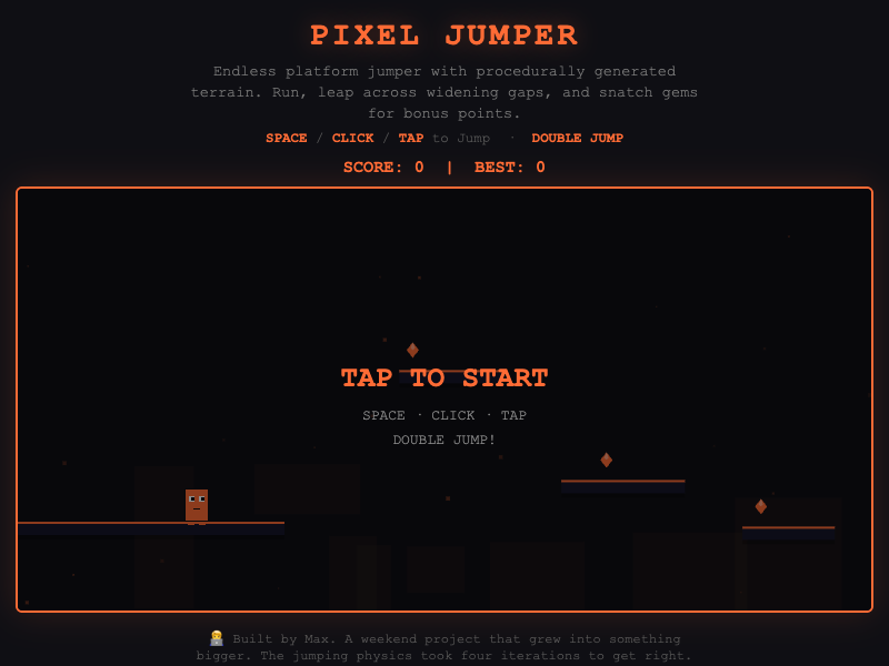 Pixel Jumper gameplay showing a character jumping between platforms in a pixel art environment