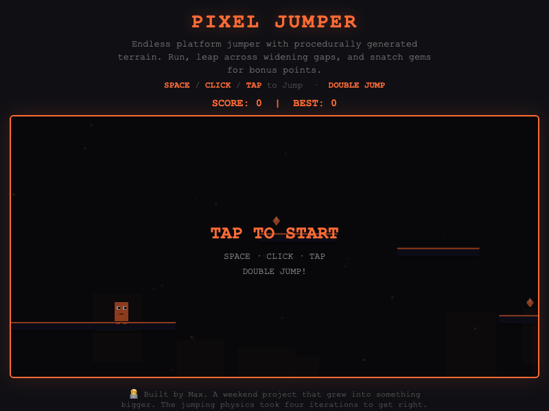 Pixel Jumper gameplay showing platforming challenges with parallax scrolling background