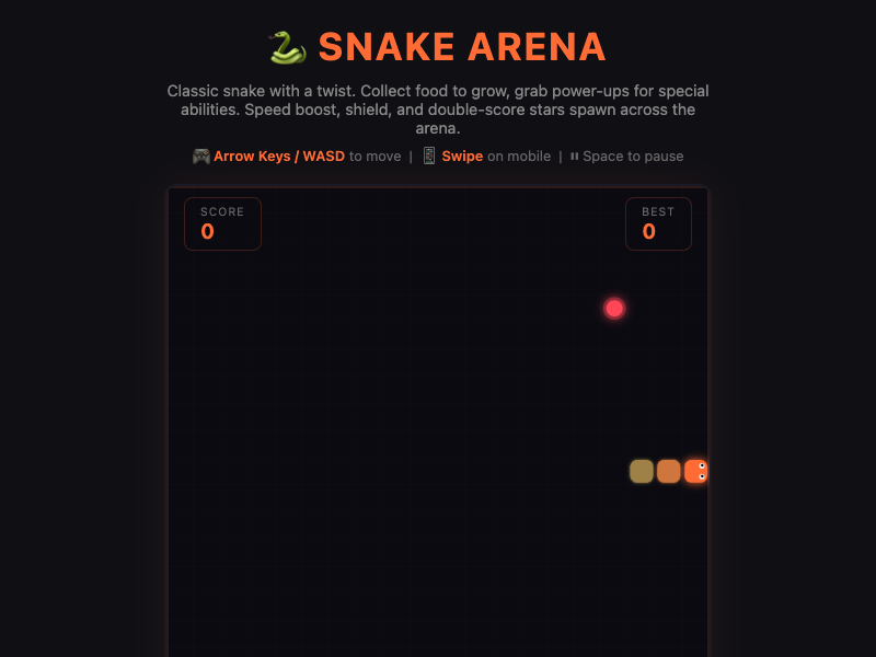 Snake Arena gameplay showing a long snake navigating the arena walls with score counter visible
