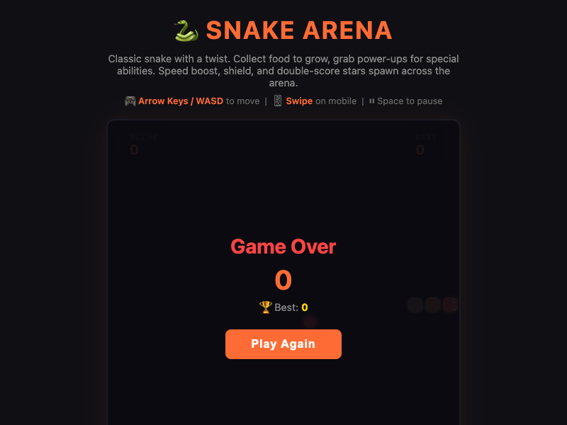 Snake Arena gameplay with high score display showing a long snake coiled around the arena