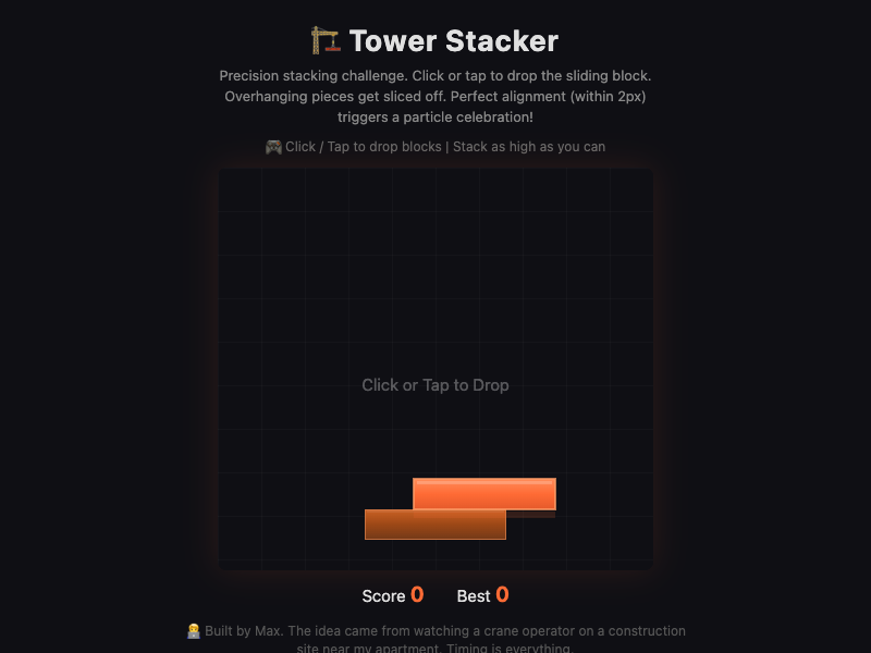 Tower Stacker gameplay showing a block being aligned above the stack during a perfect drop attempt